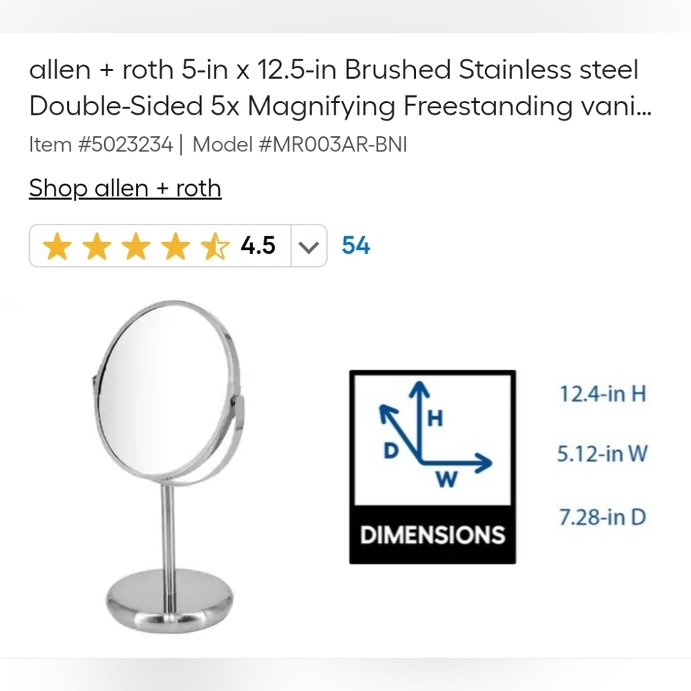 ALLEN + ROTH Brushed Stainless Steel Double Sided Mirror. 5x Magnifying - NWT